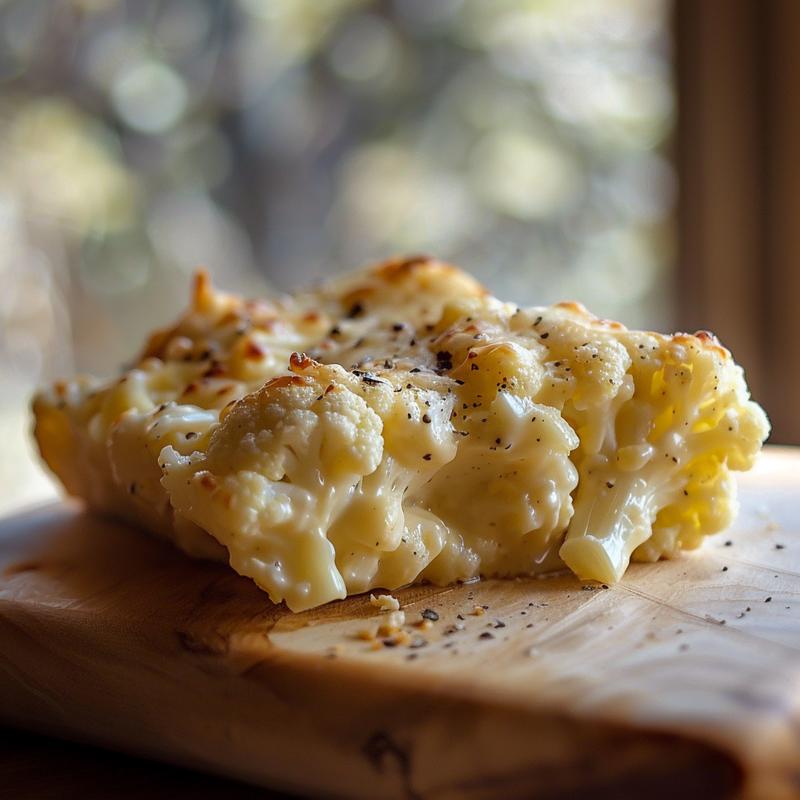 Close-up of a vegan cauliflower casserole with melted cheese on top, presented on a light wood board.