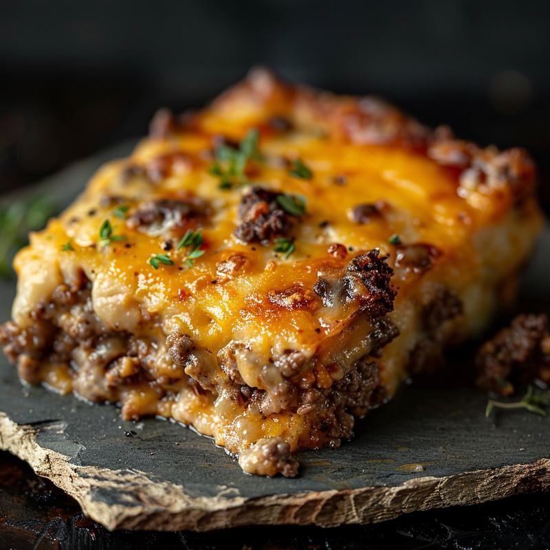 Close-up of a cheesy keto ground beef casserole served on a rustic chipped plate.