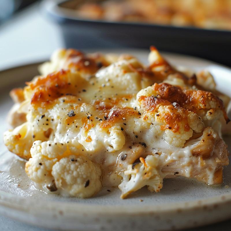 Close-up of a serving of chicken cauliflower casserole on a light grey plate.