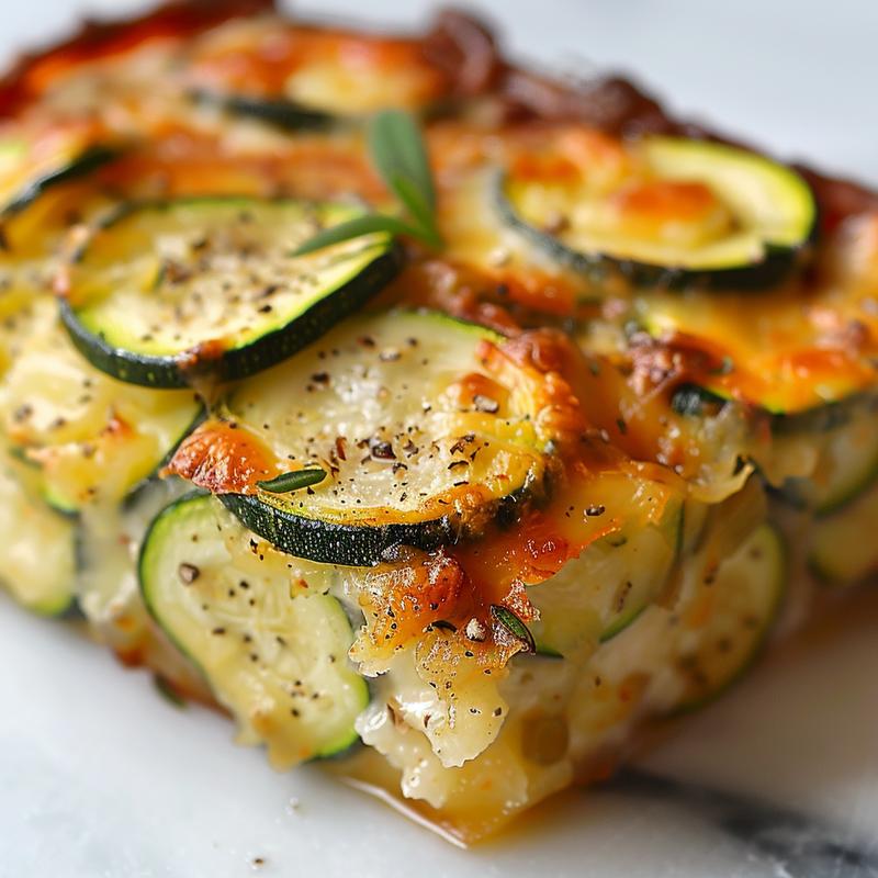 Close-up image of a delicious zucchini casserole with a golden crust on a marble surface.