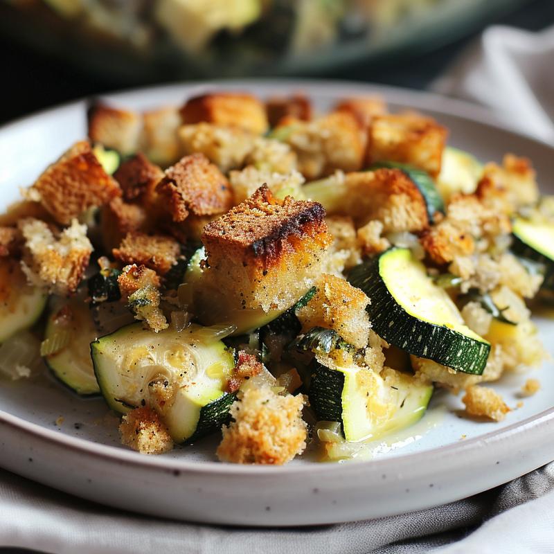 A close-up view of a golden zucchini casserole topped with stuffing on a light grey plate.