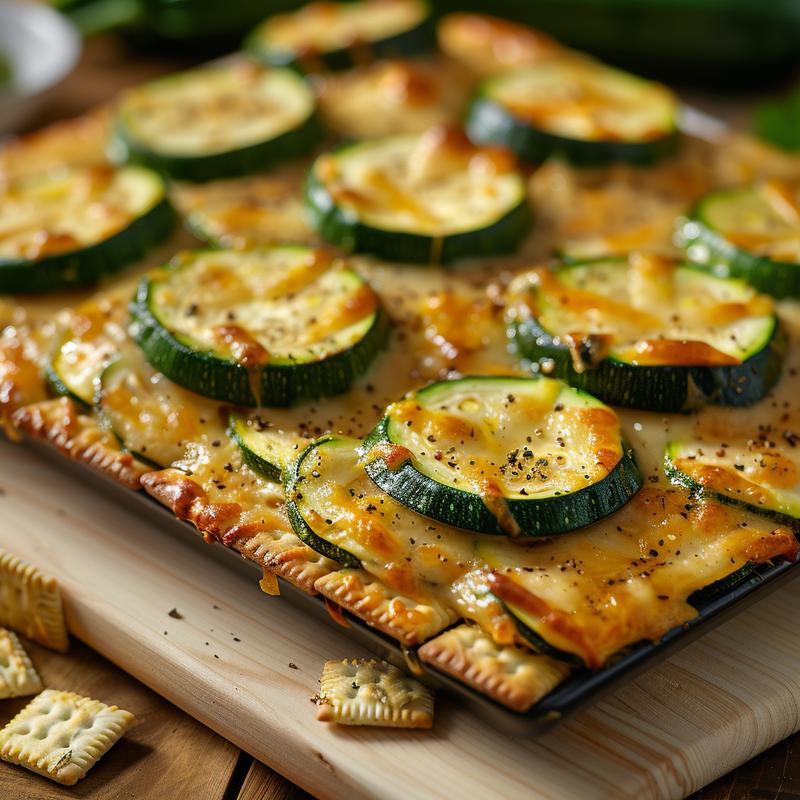Close-up of a slice of homemade zucchini casserole topped with crushed Ritz crackers, displayed on a wooden board.