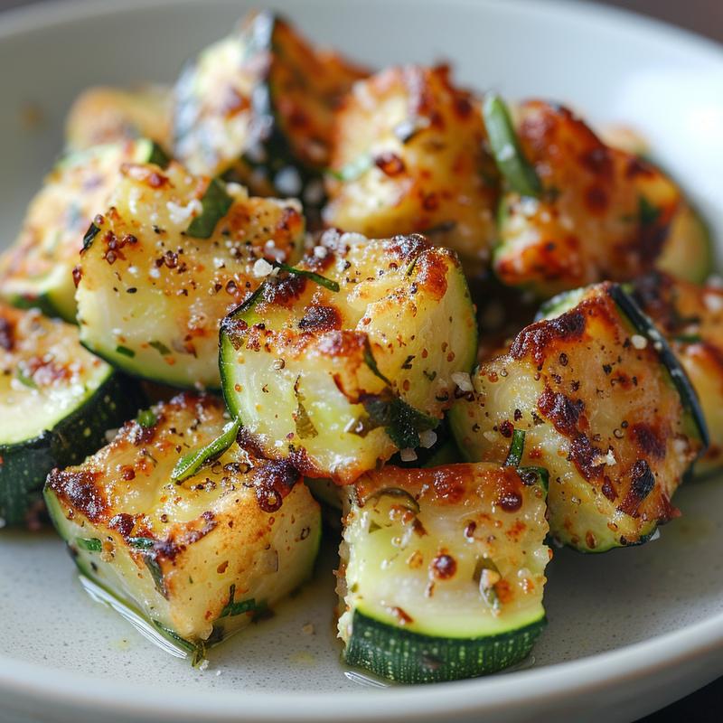 A close-up of a golden-brown parmesan zucchini square on a light grey plate.