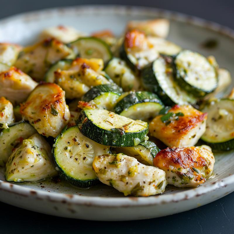 A close-up view of a portion of chicken zucchini bake on a light grey ceramic plate.