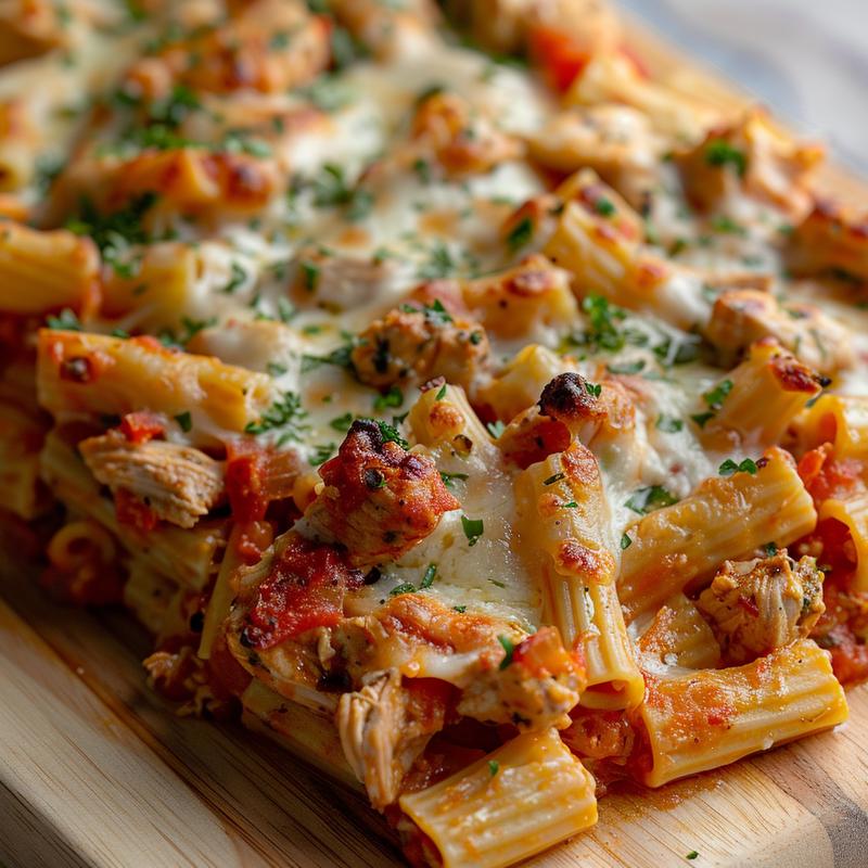 Close-up of a serving of healthy chicken baked ziti on a wooden board.