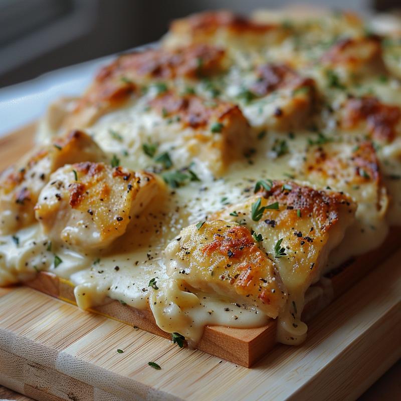 Close-up view of creamy keto chicken alfredo casserole on a wooden board.