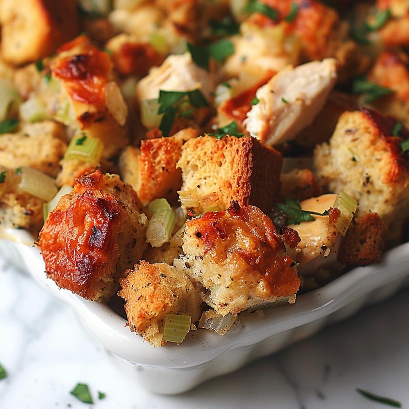 Close-up of a delicious chicken and stuffing casserole on a white marble surface.