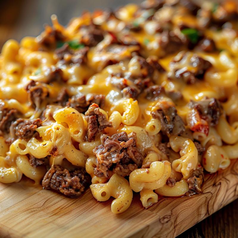 Close-up of a cheesy beef and macaroni casserole served on a light wooden board.