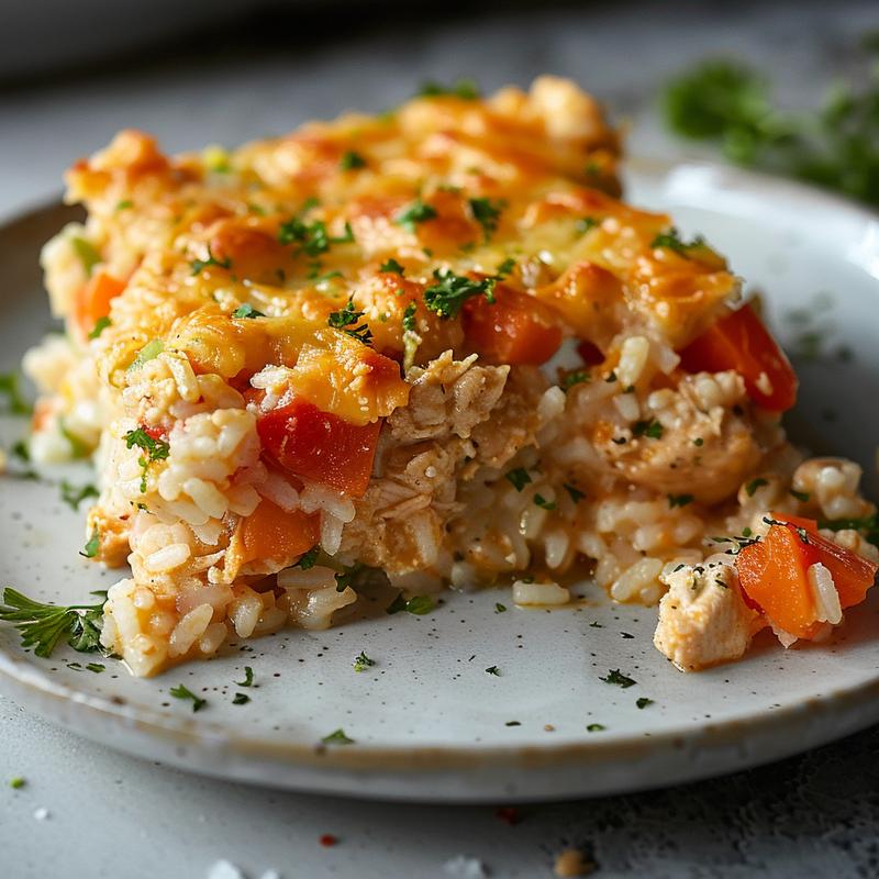 Close-up view of a serving of Ritz chicken and rice casserole on a grey plate.