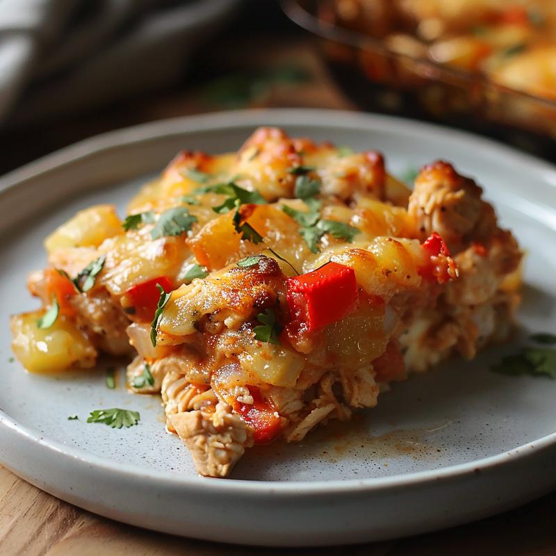 Close-up of a serving of Mexican Keto Chicken Casserole on a grey ceramic plate.