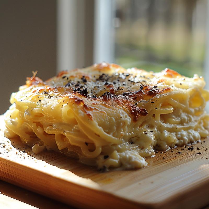 Close-up of creamy cottage cheese pasta bake on a wooden board.