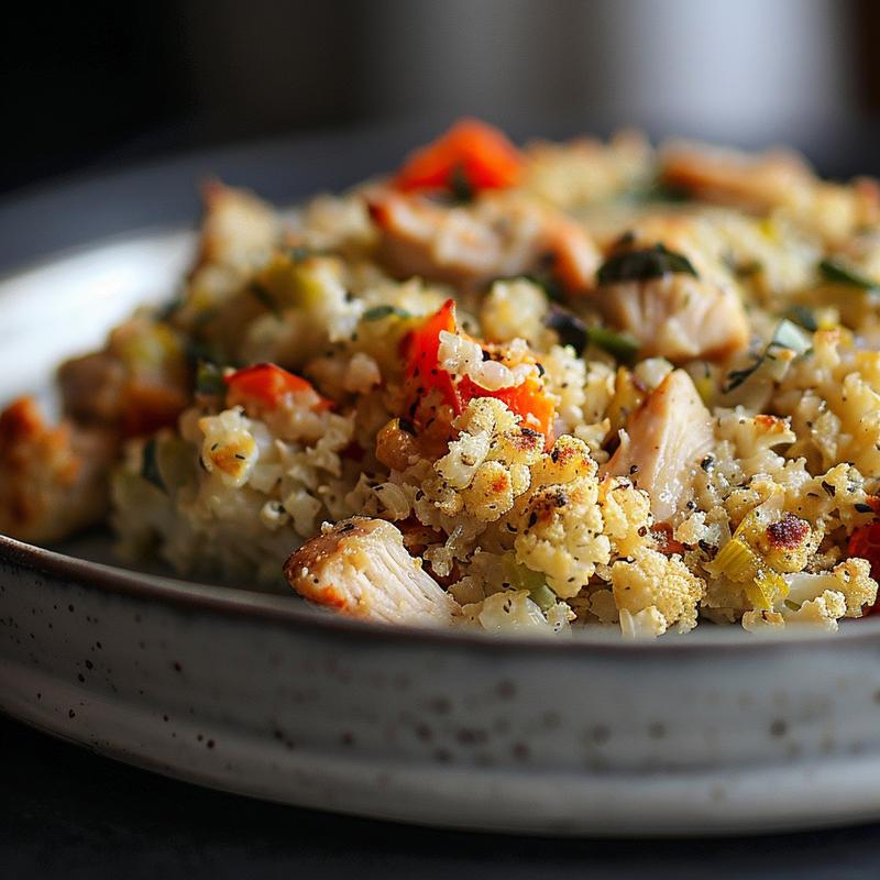 Close-up of a portion of chicken cauliflower rice casserole on a light grey ceramic plate.