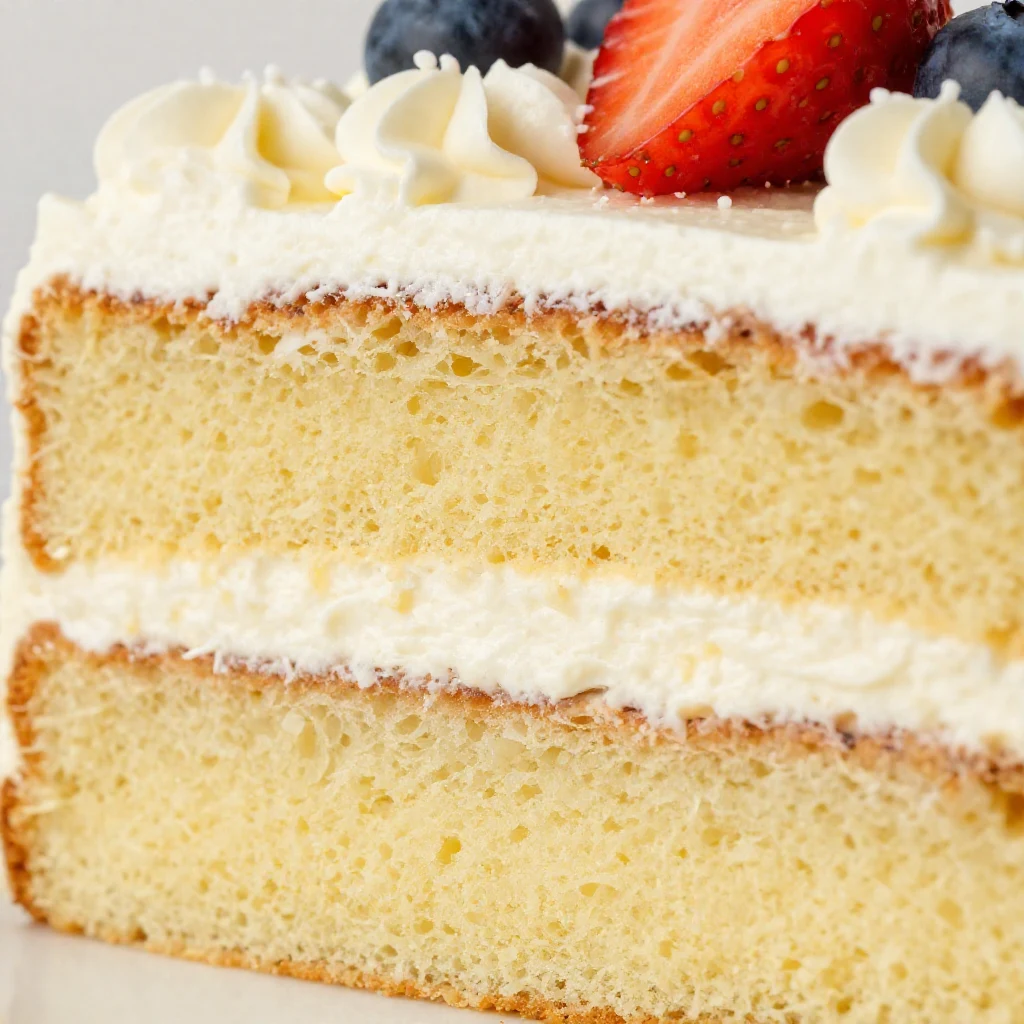 A slice of fluffy plain vanilla cake with smooth white buttercream frosting on a white plate, next to a whole frosted two-layer cake.
