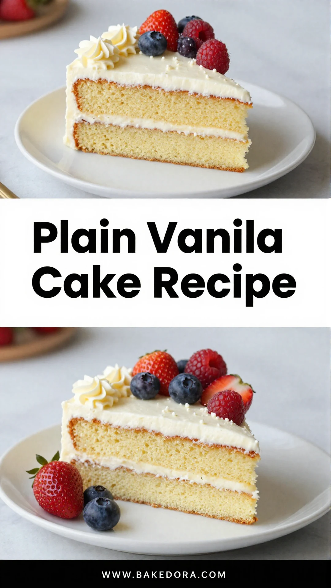 A slice of fluffy plain vanilla cake with smooth white buttercream frosting on a white plate, next to a whole frosted two-layer cake.